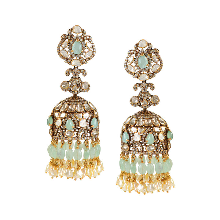 Victorian Emerald Polki Jhumka Earrings - Krishna Jewellers Pearls and Gems