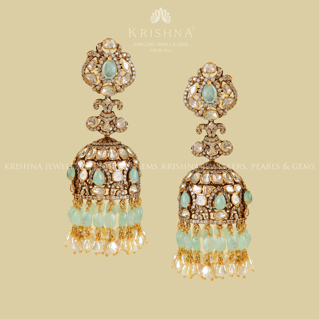 Victorian Emerald Polki Jhumka Earrings - Krishna Jewellers Pearls and Gems