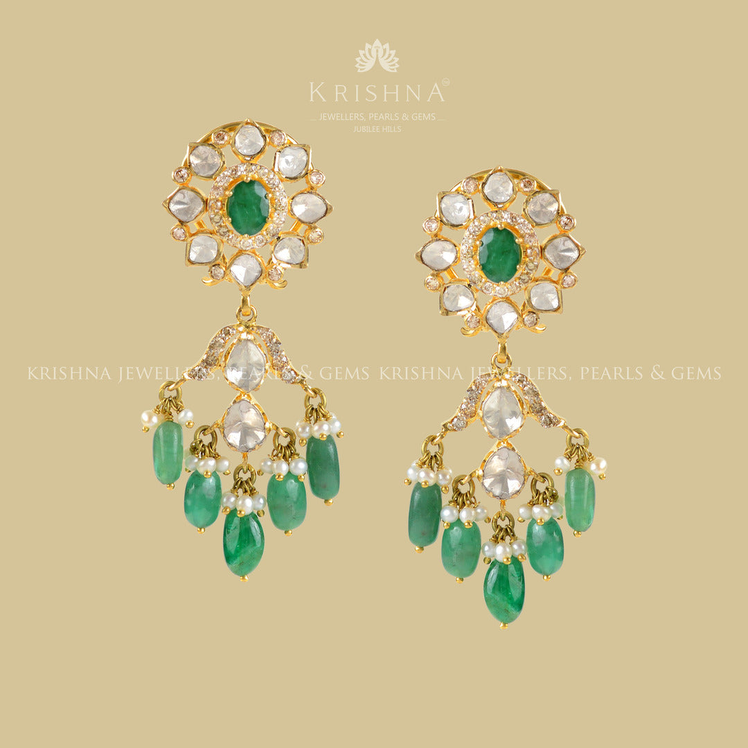 Hanging Style Polki Earrings - Krishna Jewellers Pearls and Gems