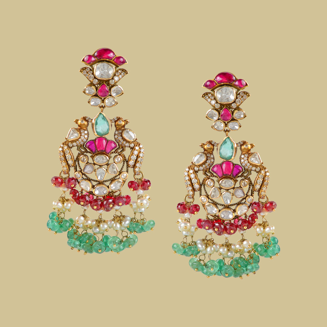 18k Gold Ruby Polki Emerald Earrings - Krishna Jewellers Pearls and Gems