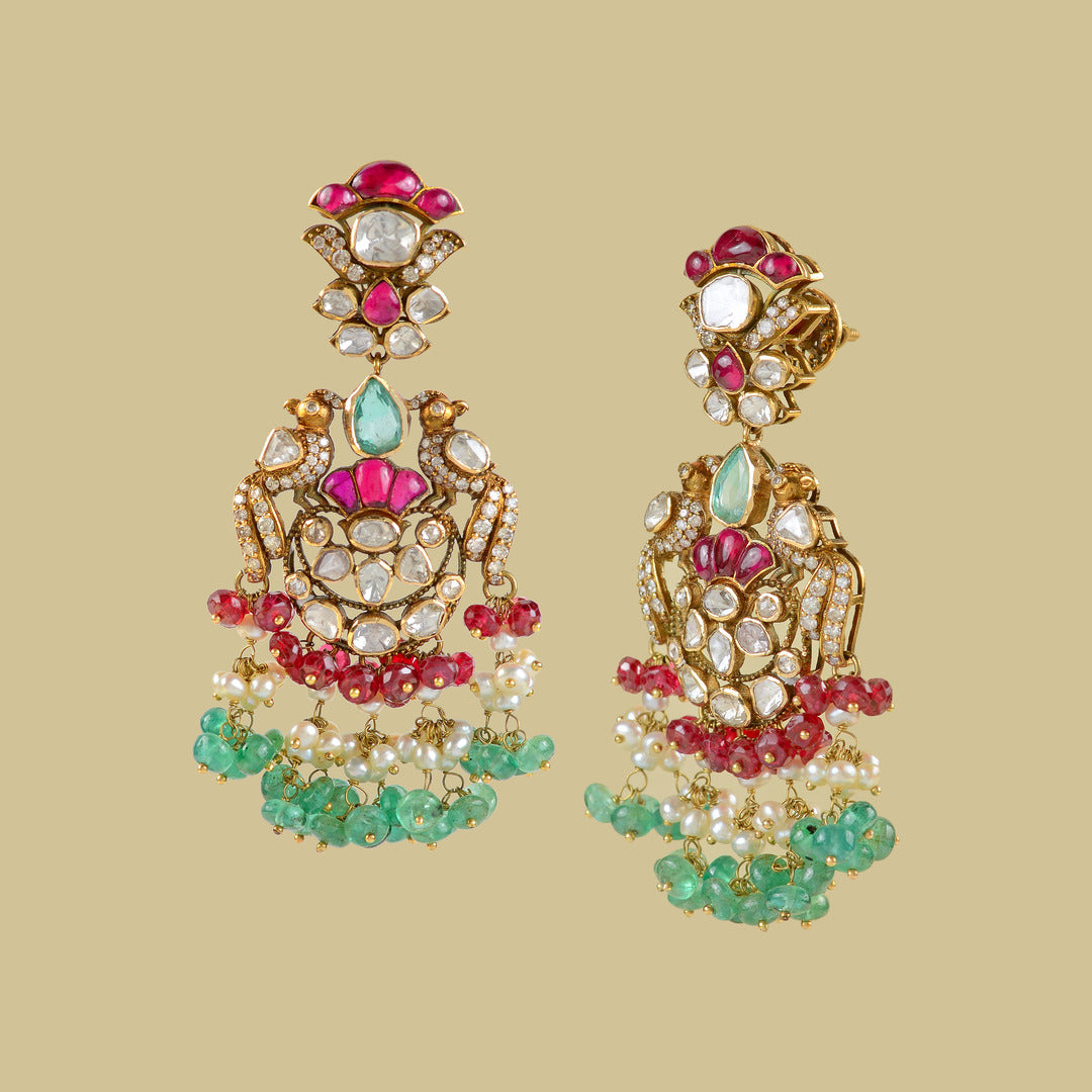 18k Gold Ruby Polki Emerald Earrings - Krishna Jewellers Pearls and Gems