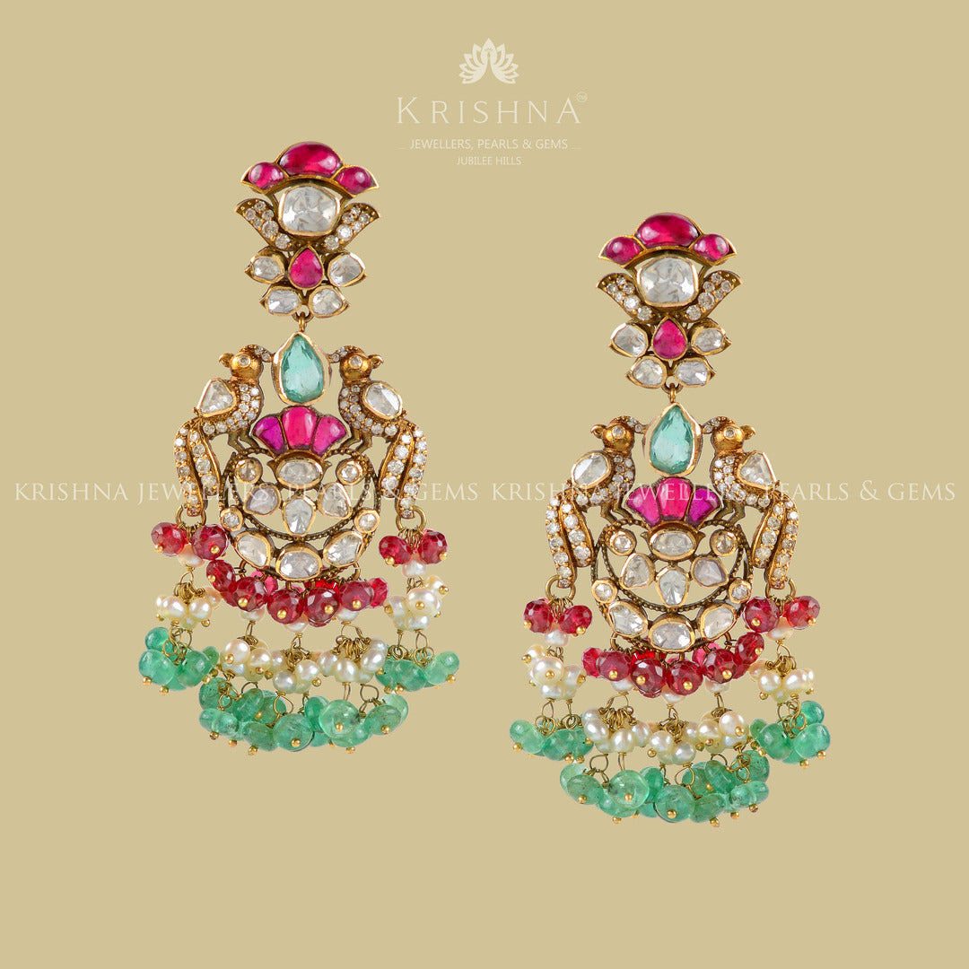 18k Gold Ruby Polki Emerald Earrings - Krishna Jewellers Pearls and Gems