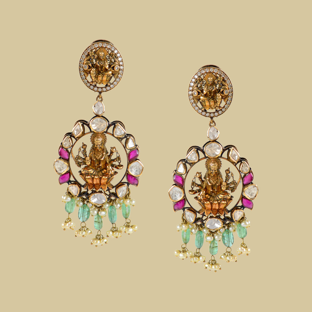 Laxmi Theme 18k Gold Polki Earrings - Krishna Jewellers Pearls and Gems