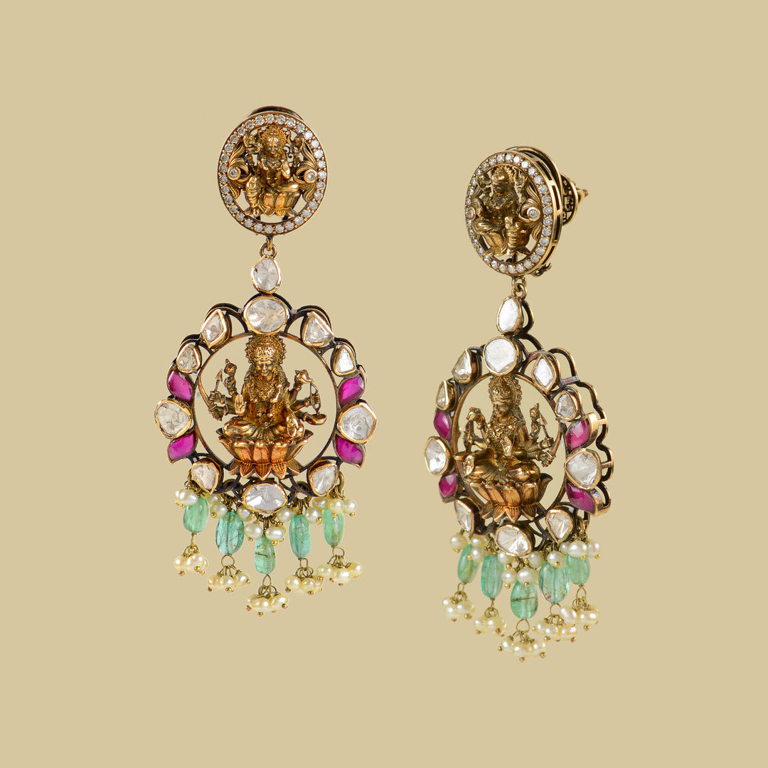 Laxmi Theme 18k Gold Polki Earrings - Krishna Jewellers Pearls and Gems
