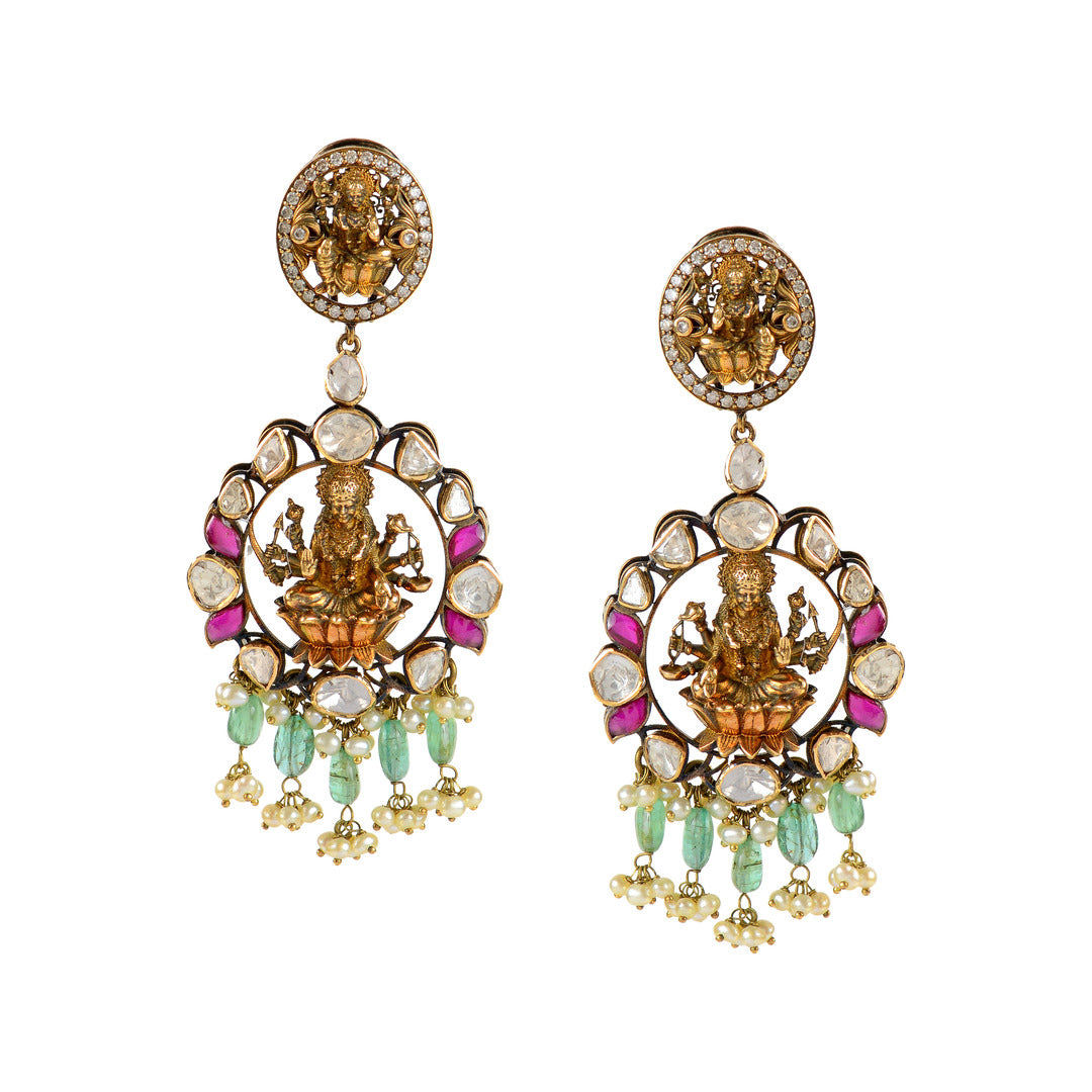 Laxmi Theme 18k Gold Polki Earrings - Krishna Jewellers Pearls and Gems
