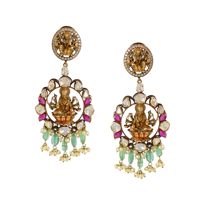 Laxmi Theme 18k Gold Polki Earrings - Krishna Jewellers Pearls and Gems