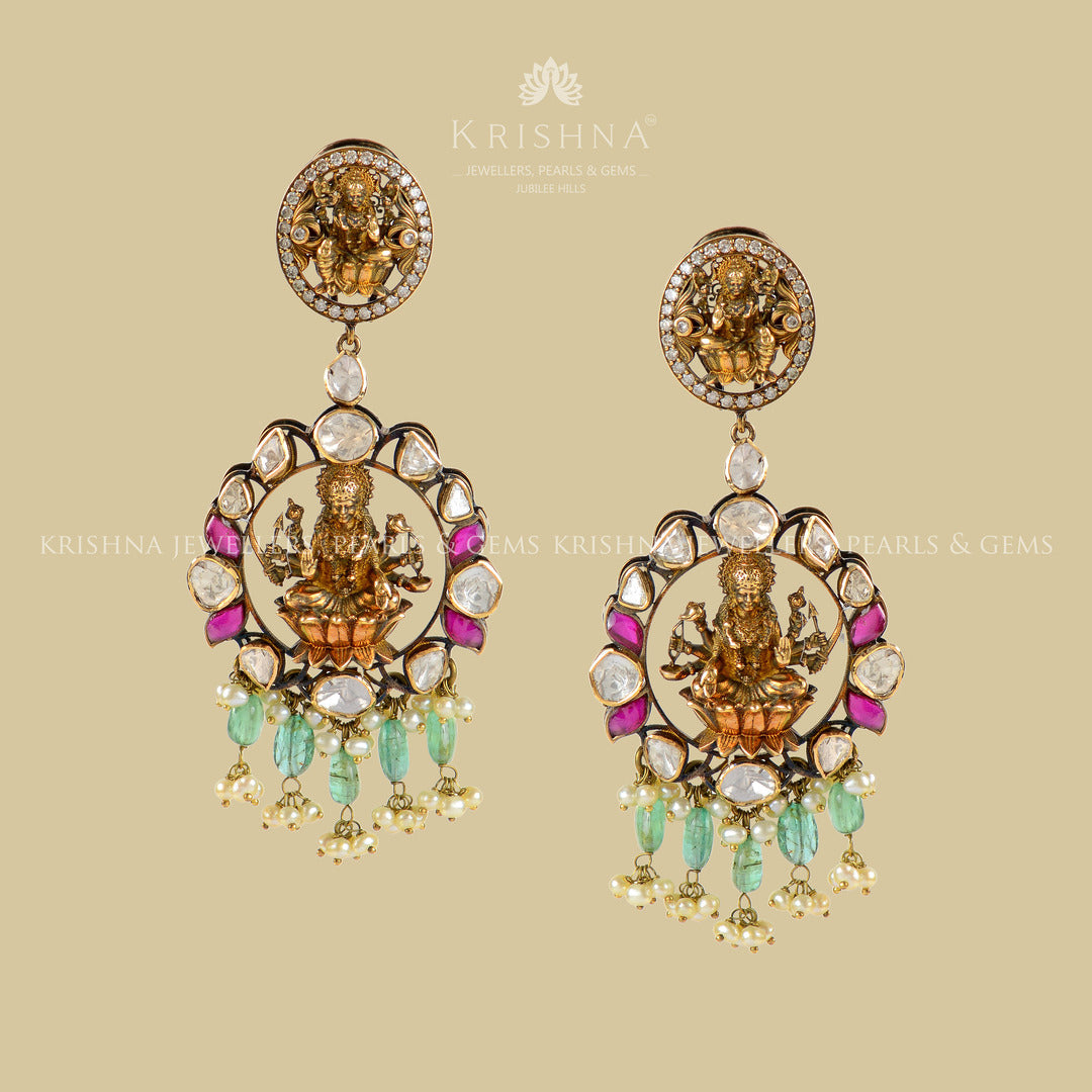 Laxmi Theme 18k Gold Polki Earrings - Krishna Jewellers Pearls and Gems