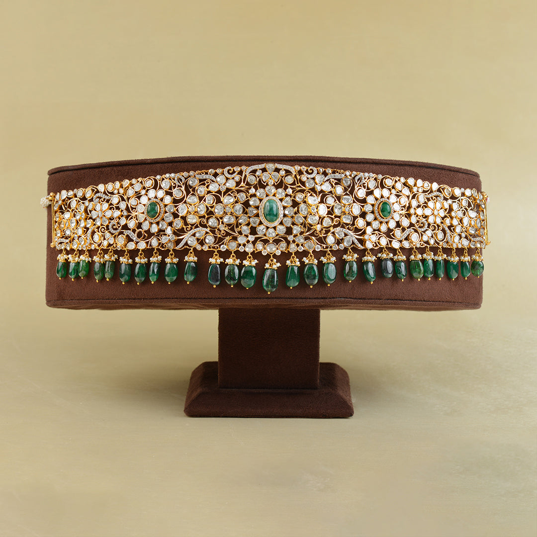 Gold Polki Emerald Vaddanam - Krishna Jewellers Pearls and Gems