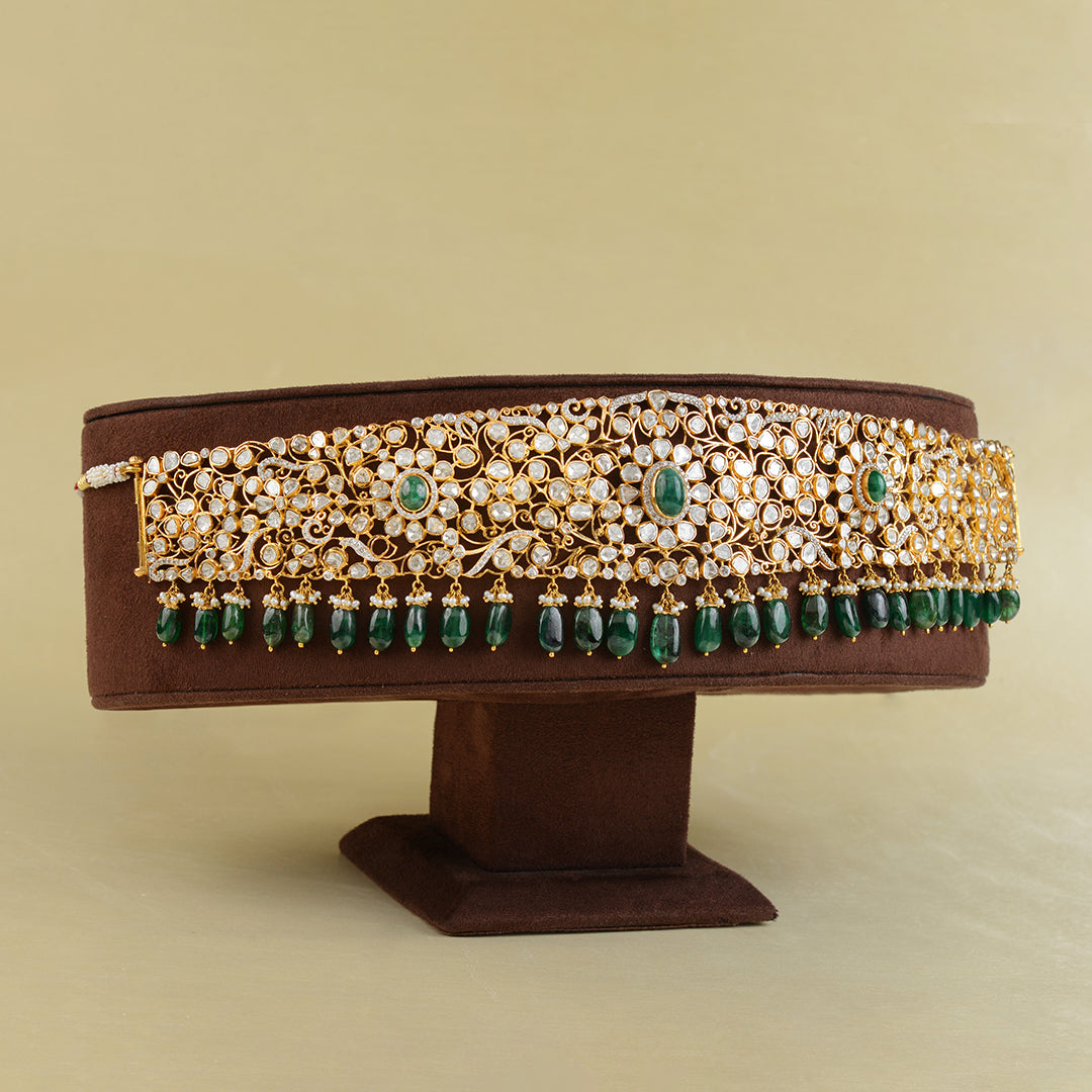 Gold Polki Emerald Vaddanam - Krishna Jewellers Pearls and Gems