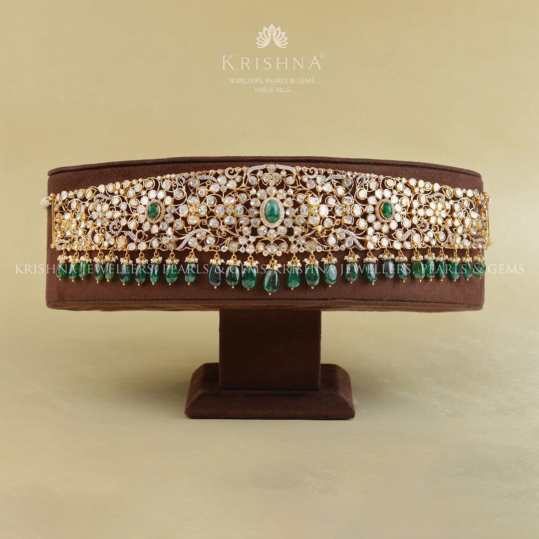 Gold Polki Emerald Vaddanam - Krishna Jewellers Pearls and Gems