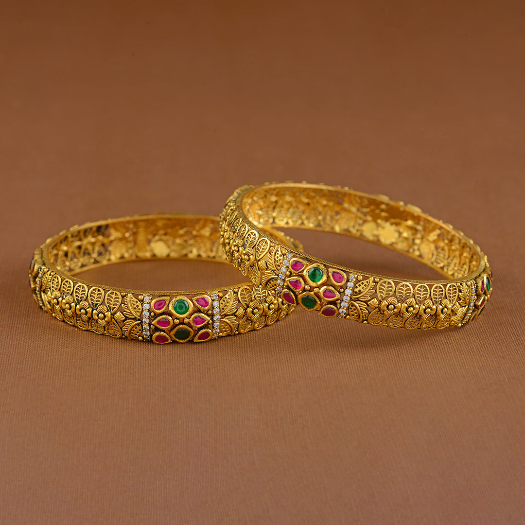 Floral Gold Bangles in Antique Finish - Krishna Jewellers Pearls and Gems