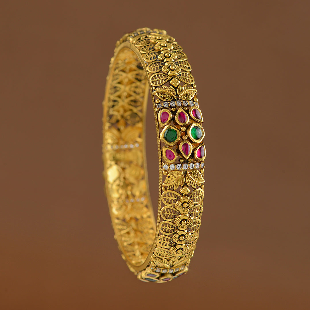 Floral Gold Bangles in Antique Finish - Krishna Jewellers Pearls and Gems