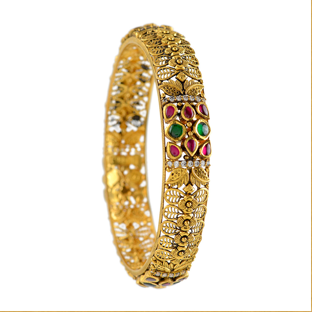 Floral Gold Bangles in Antique Finish - Krishna Jewellers Pearls and Gems