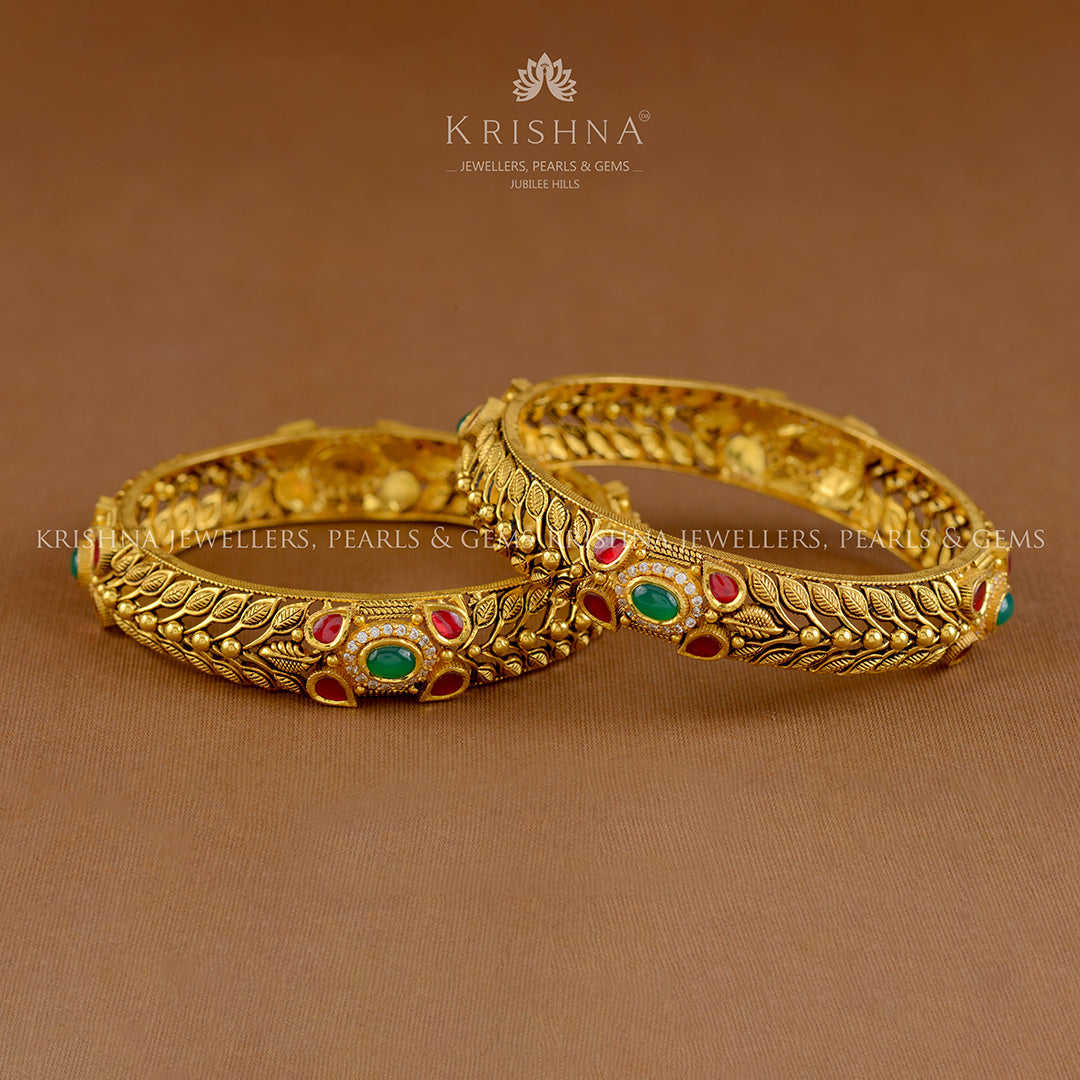 Gold 22k Bangles in Antique Finish - Krishna Jewellers Pearls and Gems