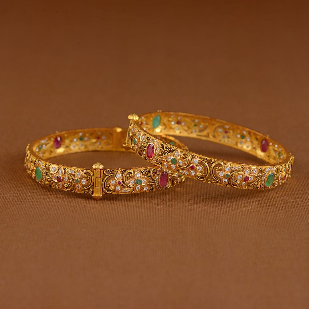 22K Gold Ruby Floral Bangles - Krishna Jewellers Pearls and Gems