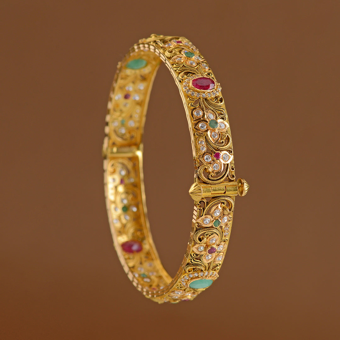 22K Gold Ruby Floral Bangles - Krishna Jewellers Pearls and Gems