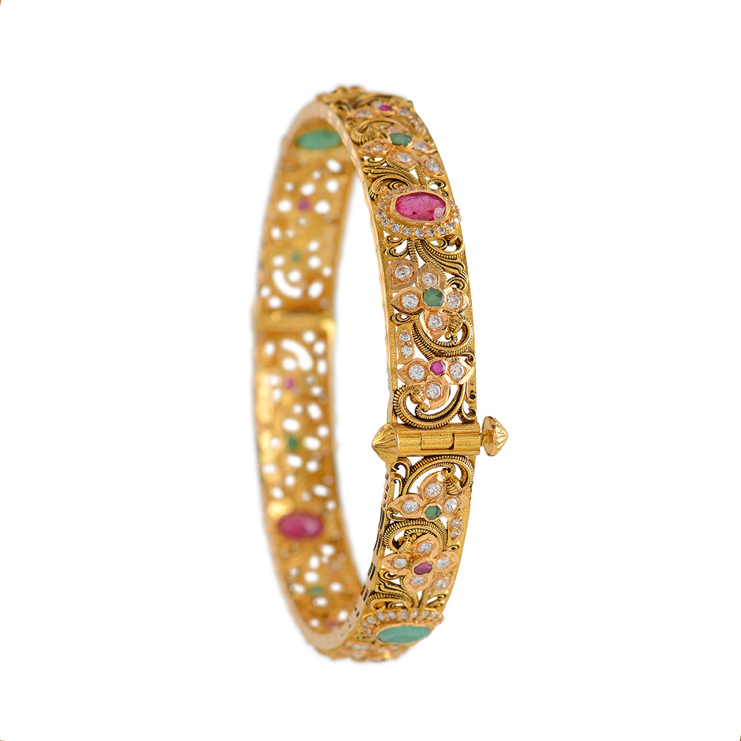 22K Gold Ruby Floral Bangles - Krishna Jewellers Pearls and Gems