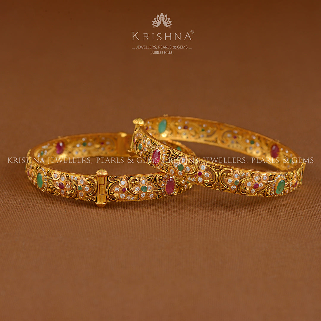 22K Gold Ruby Floral Bangles - Krishna Jewellers Pearls and Gems