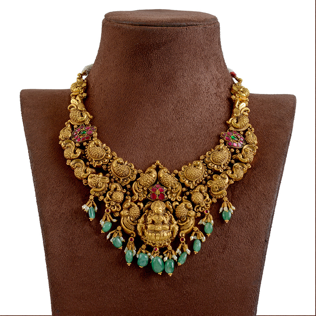 Antique Gold Laxmi Necklace in Mango Motif - Krishna Jewellers Pearls and Gems