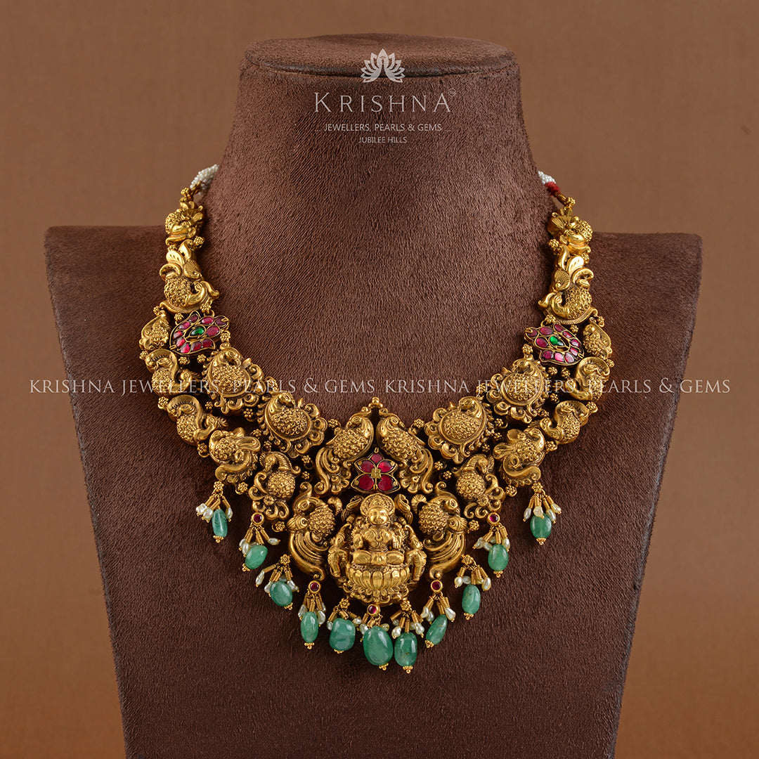 Antique Gold Laxmi Necklace in Mango Motif - Krishna Jewellers Pearls and Gems