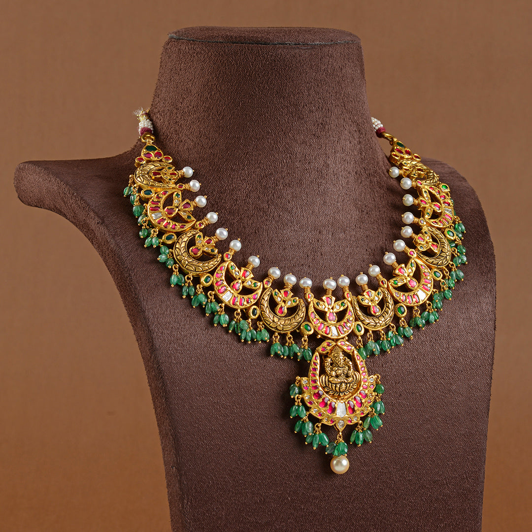 Gold Chandbali Necklace with Laxmi Pendant - Krishna Jewellers Pearls and Gems