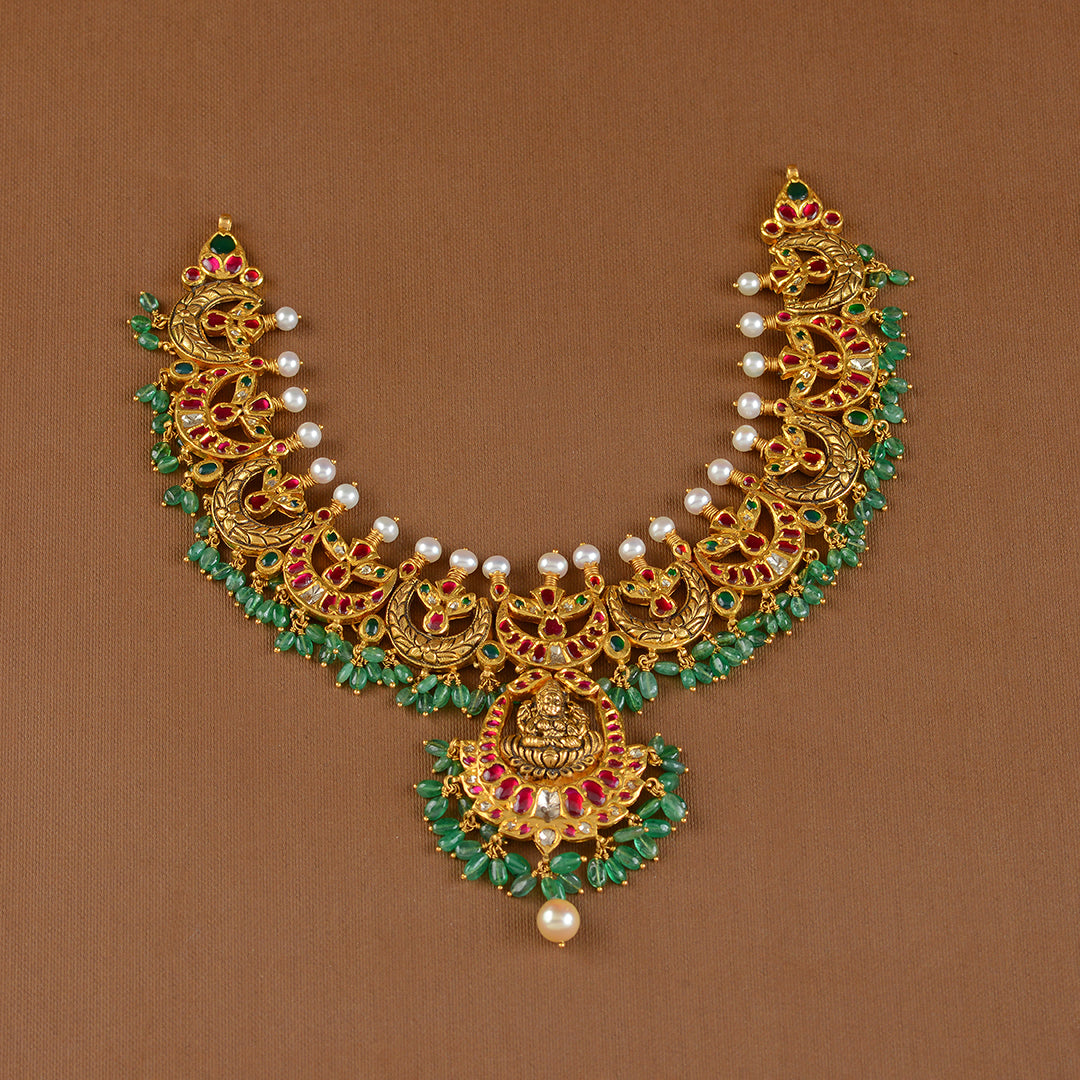 Gold Chandbali Necklace with Laxmi Pendant - Krishna Jewellers Pearls and Gems