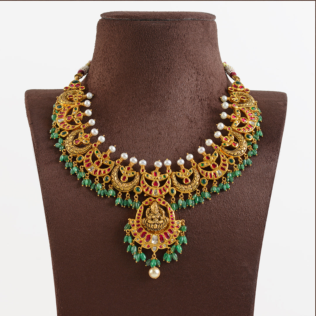Gold Chandbali Necklace with Laxmi Pendant - Krishna Jewellers Pearls and Gems