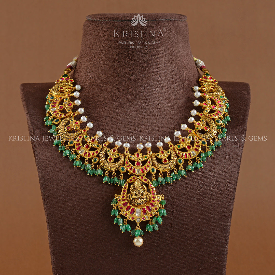 Gold Chandbali Necklace with Laxmi Pendant - Krishna Jewellers Pearls and Gems