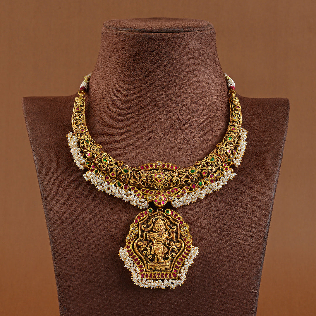 Antique Gold Kanti Necklace With Guttapusalu - Krishna Jewellers Pearls and Gems