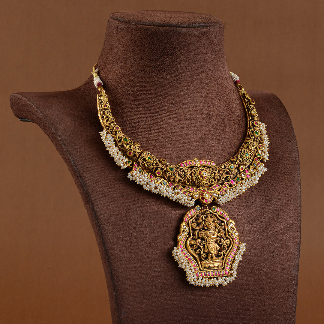 Antique Gold Kanti Necklace With Guttapusalu - Krishna Jewellers Pearls and Gems