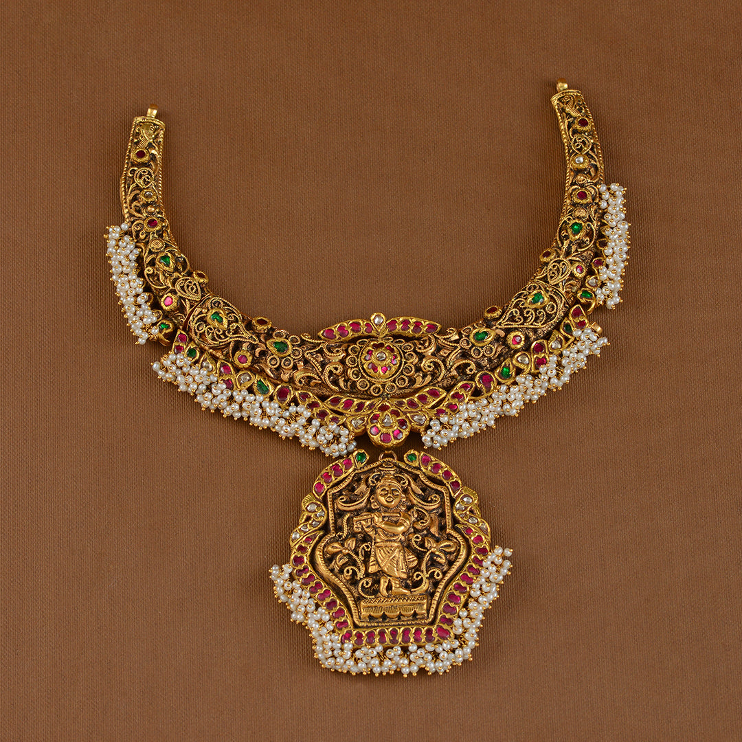 Antique Gold Kanti Necklace With Guttapusalu - Krishna Jewellers Pearls and Gems