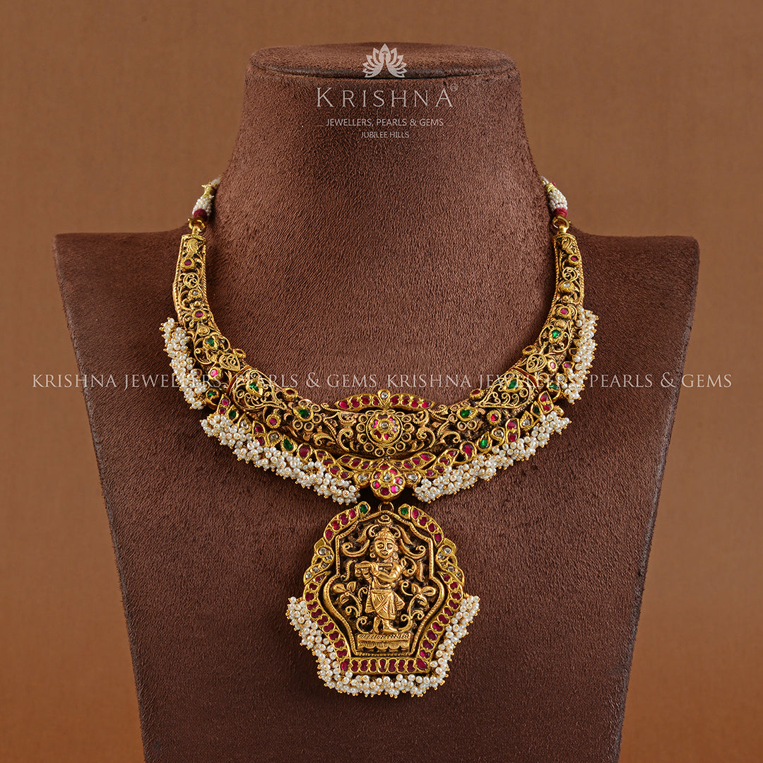 Antique Gold Kanti Necklace With Guttapusalu - Krishna Jewellers Pearls and Gems