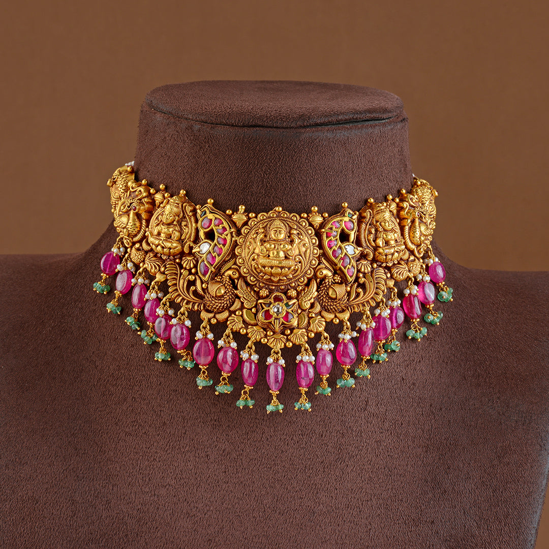 22K Gold Choker in Peacock and Lakshmi Motif - Krishna Jewellers Pearls and Gems