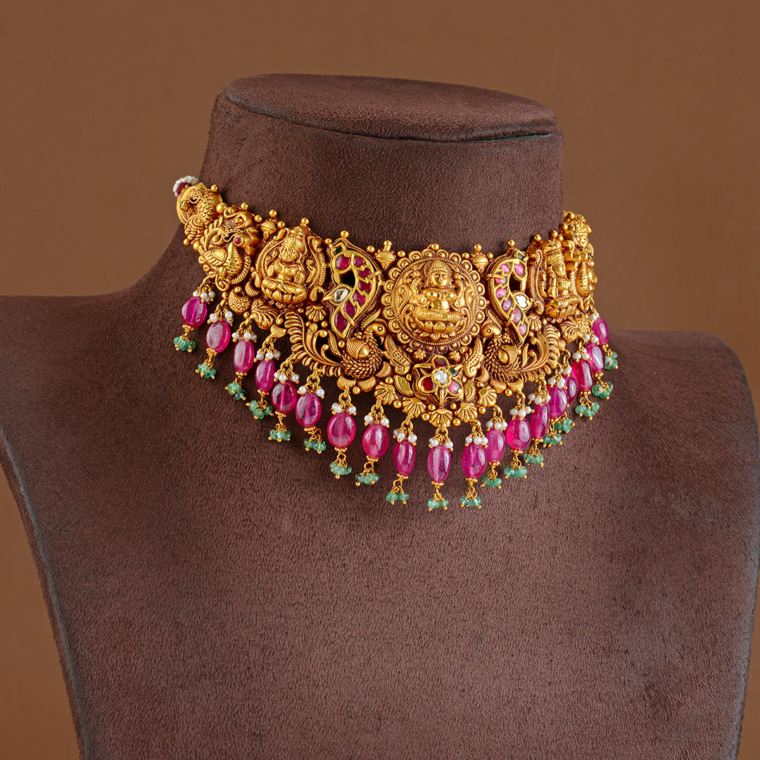 22K Gold Choker in Peacock and Lakshmi Motif - Krishna Jewellers Pearls and Gems