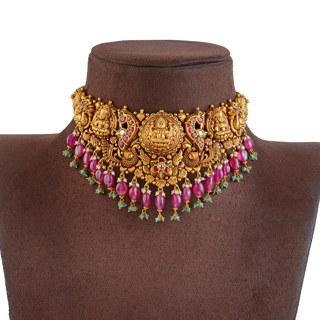 22K Gold Choker in Peacock and Lakshmi Motif - Krishna Jewellers Pearls and Gems