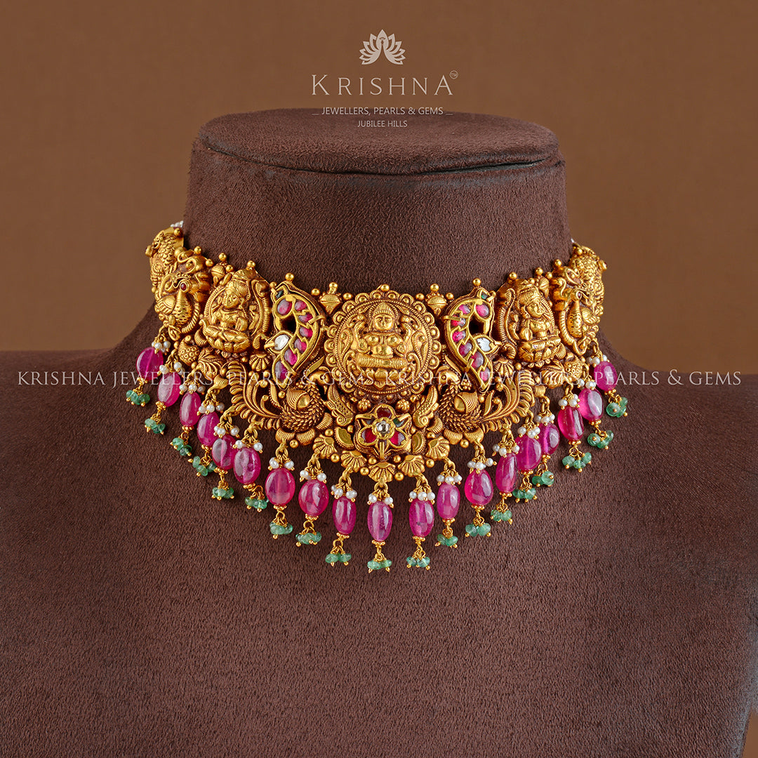 22K Gold Choker in Peacock and Lakshmi Motif - Krishna Jewellers Pearls and Gems