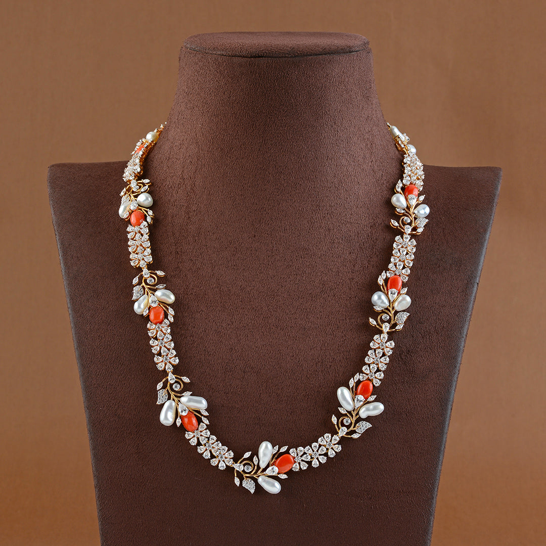 18K Long Gold Necklace In Flower Motif - Krishna Jewellers Pearls and Gems
