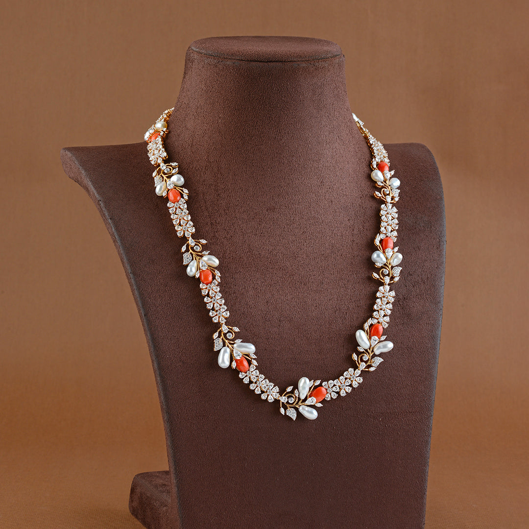 18K Long Gold Necklace In Flower Motif - Krishna Jewellers Pearls and Gems