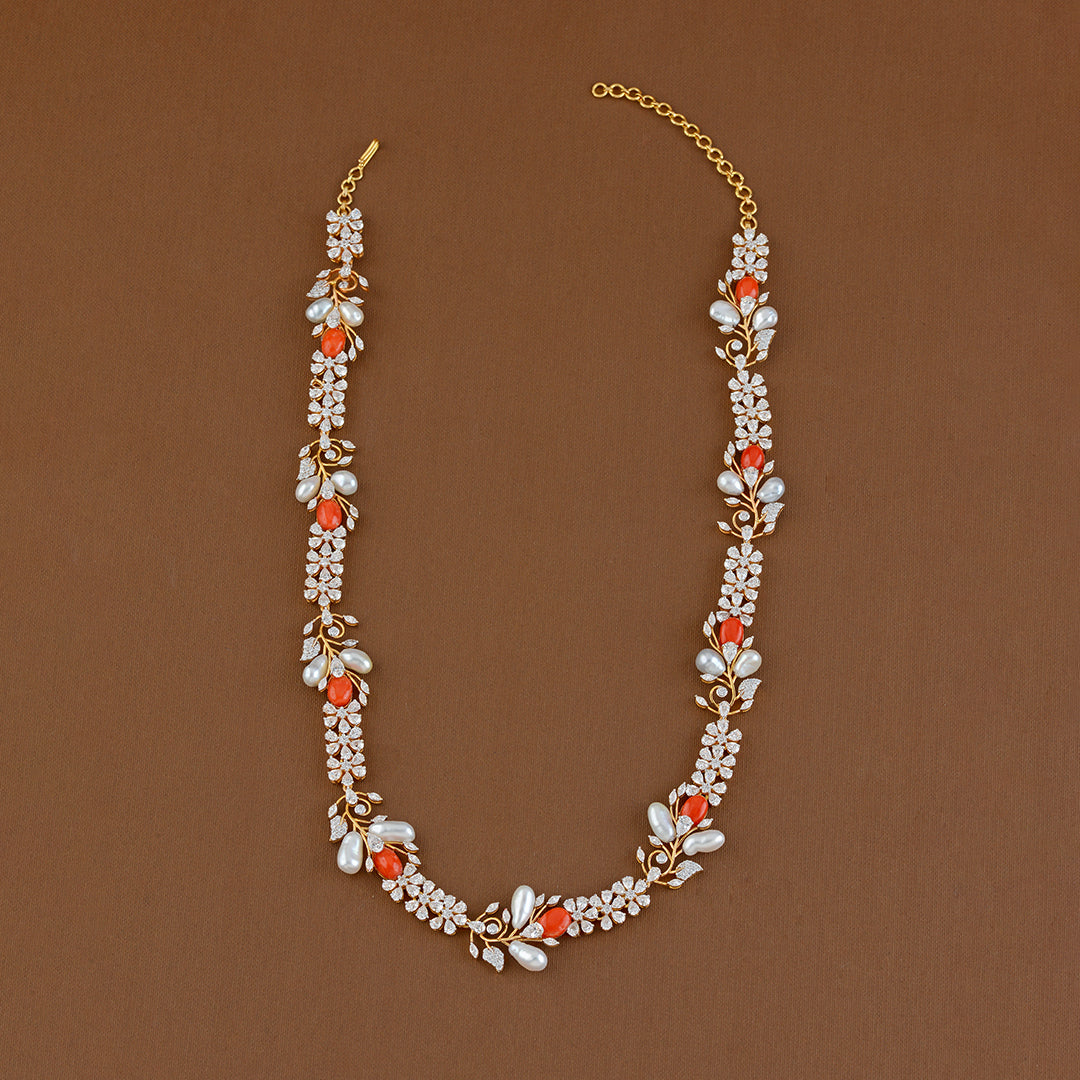 18K Long Gold Necklace In Flower Motif - Krishna Jewellers Pearls and Gems