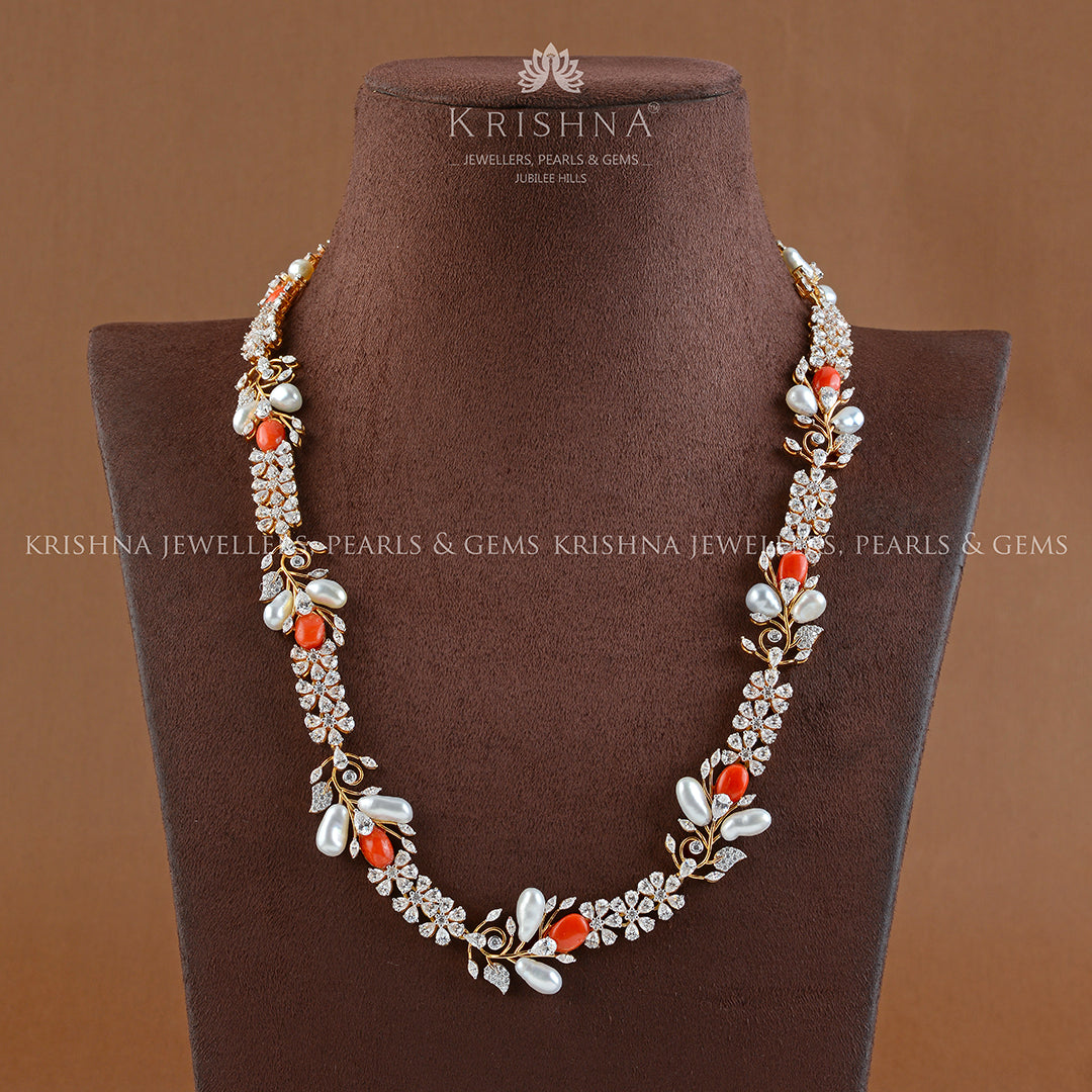 18K Long Gold Necklace In Flower Motif - Krishna Jewellers Pearls and Gems