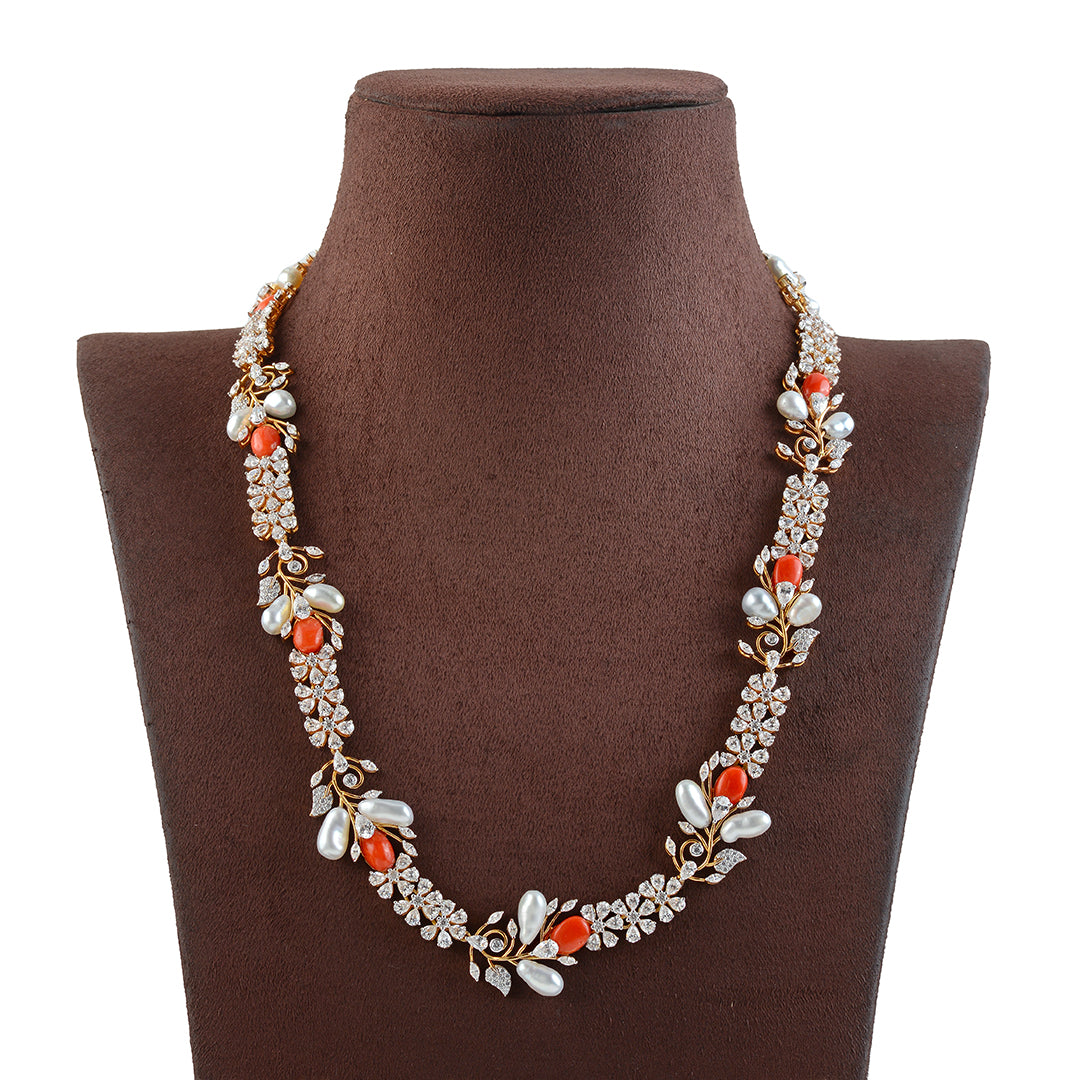 18K Long Gold Necklace In Flower Motif - Krishna Jewellers Pearls and Gems