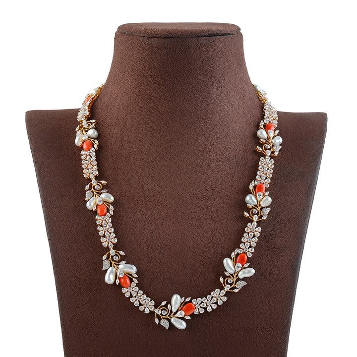 18K Long Gold Necklace In Flower Motif - Krishna Jewellers Pearls and Gems