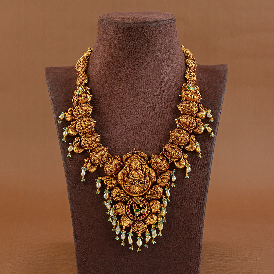 Nakshi Gold Long Haram in Lakshmi and Peacock Work - Krishna Jewellers Pearls and Gems