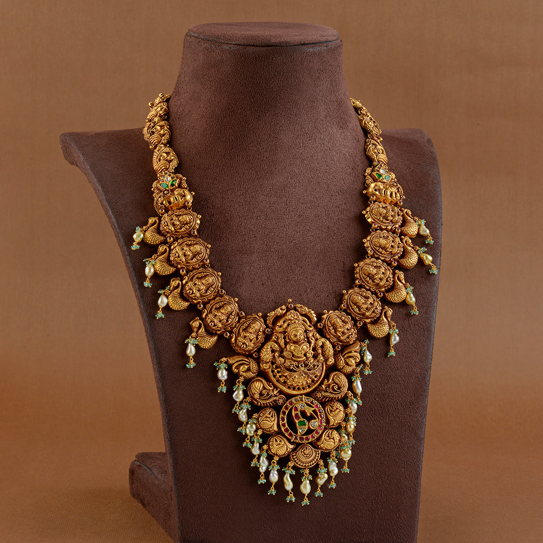 Nakshi Gold Long Haram in Lakshmi and Peacock Work - Krishna Jewellers Pearls and Gems