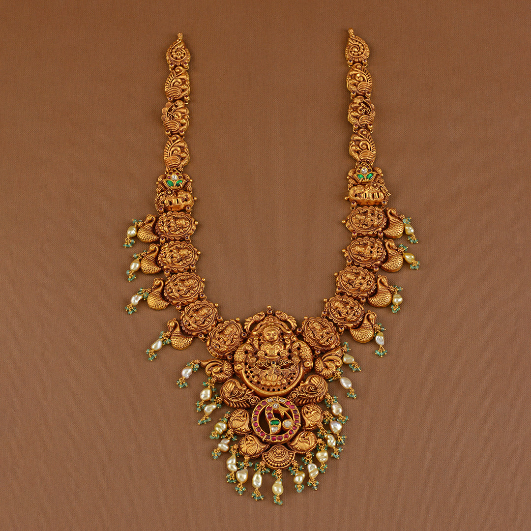 Nakshi Gold Long Haram in Lakshmi and Peacock Work - Krishna Jewellers Pearls and Gems