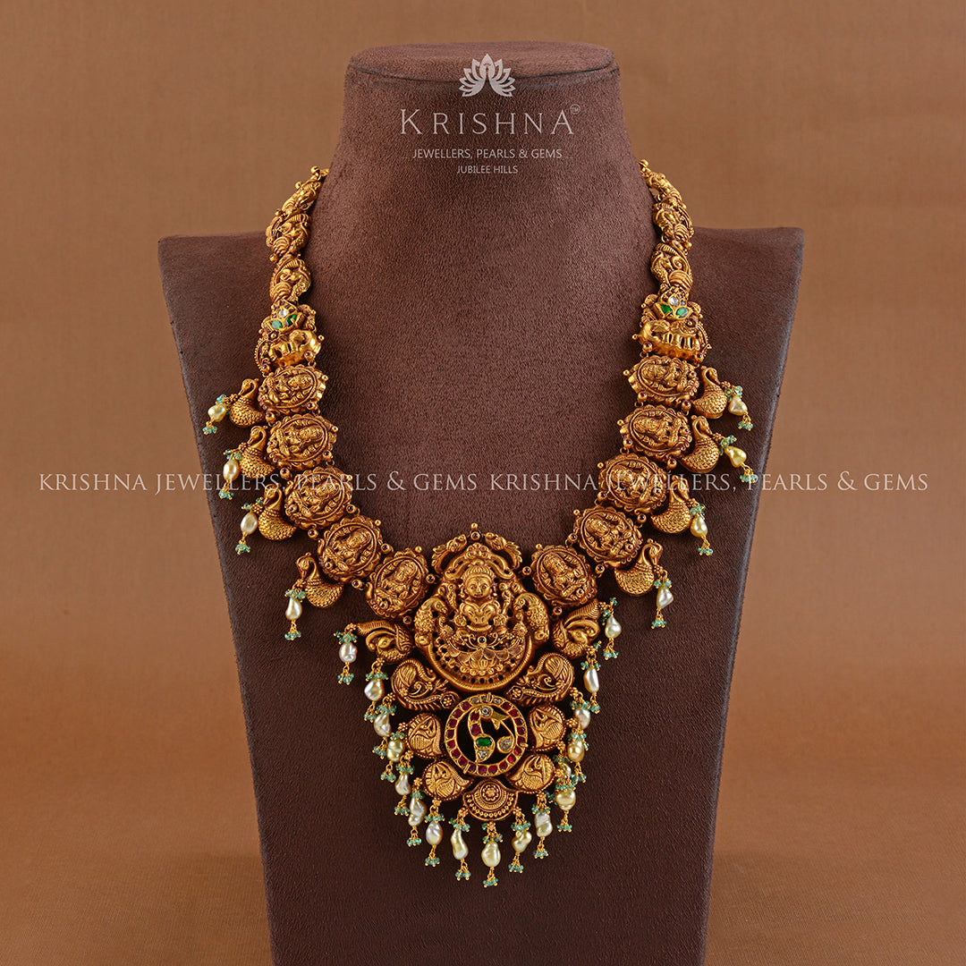 Nakshi Gold Long Haram in Lakshmi and Peacock Work - Krishna Jewellers Pearls and Gems