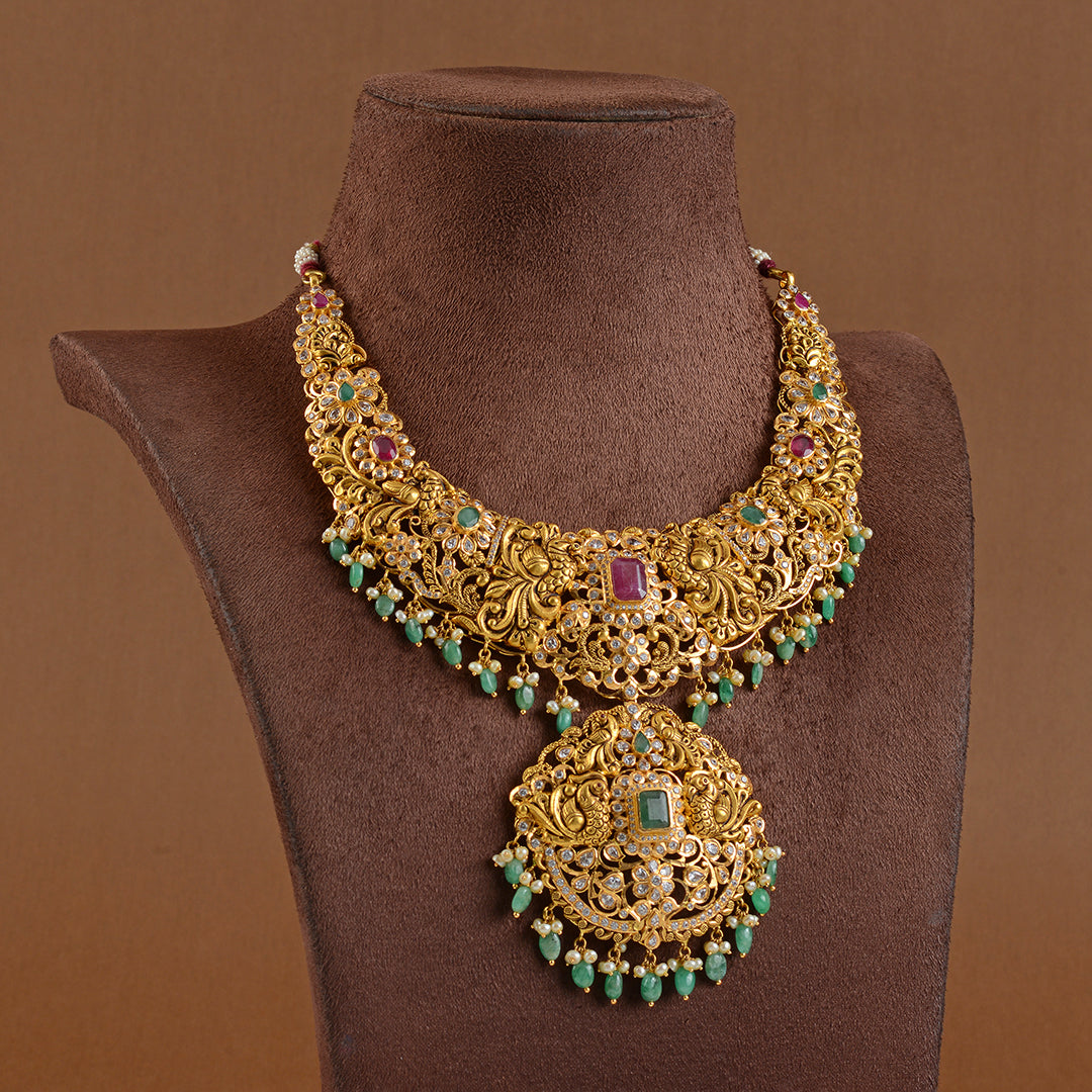 Gold Necklace in Floral Motif - Krishna Jewellers Pearls and Gems