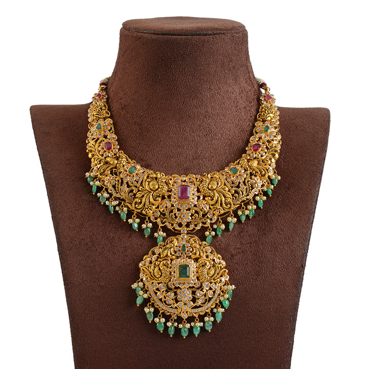 Gold Necklace in Floral Motif - Krishna Jewellers Pearls and Gems