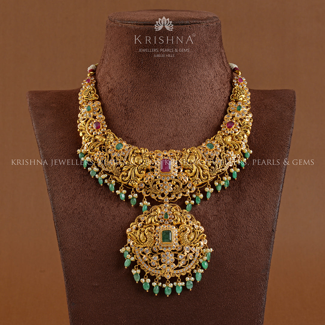 Gold Necklace in Floral Motif - Krishna Jewellers Pearls and Gems