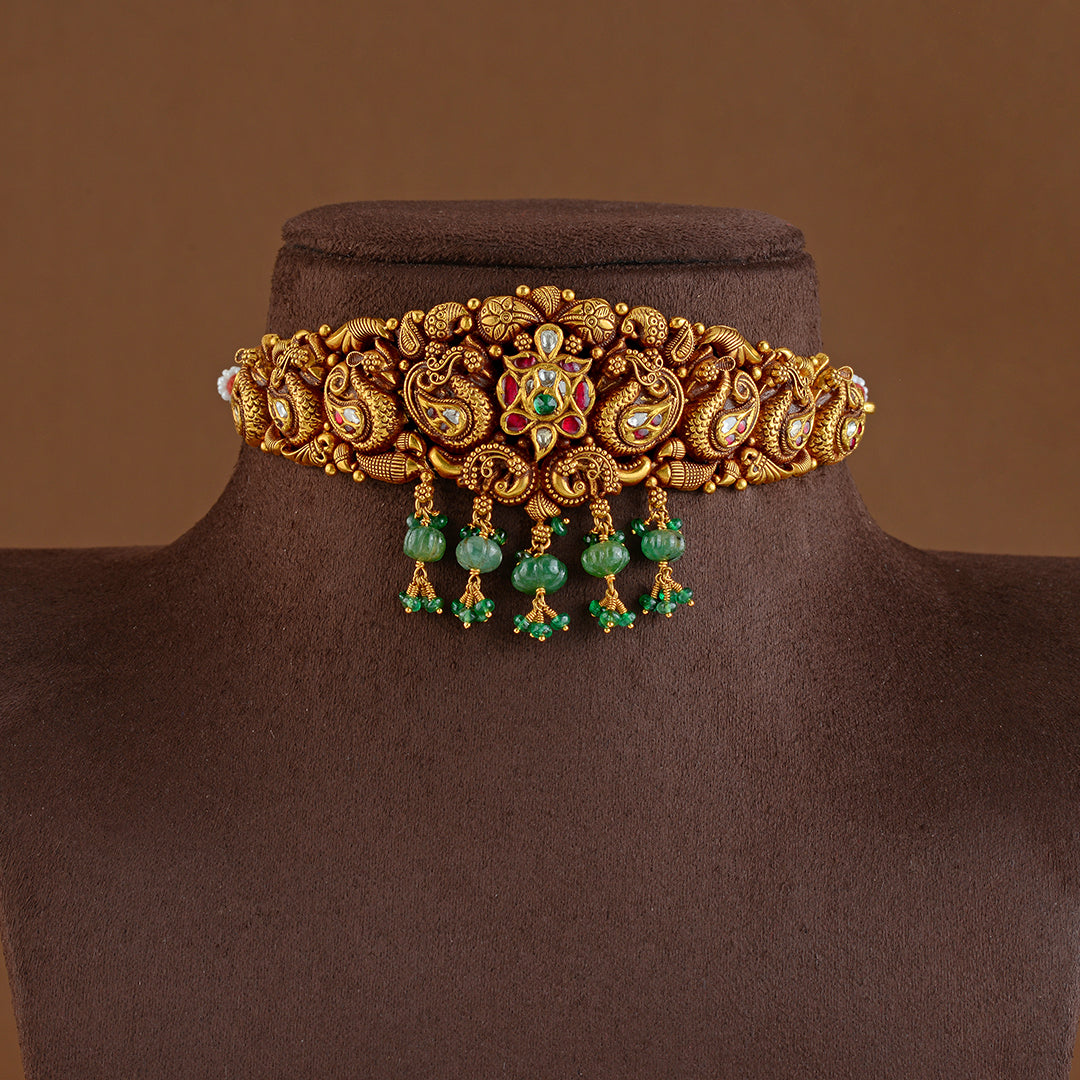 Gold Choker Necklace in Peacock Motif - Krishna Jewellers Pearls and Gems